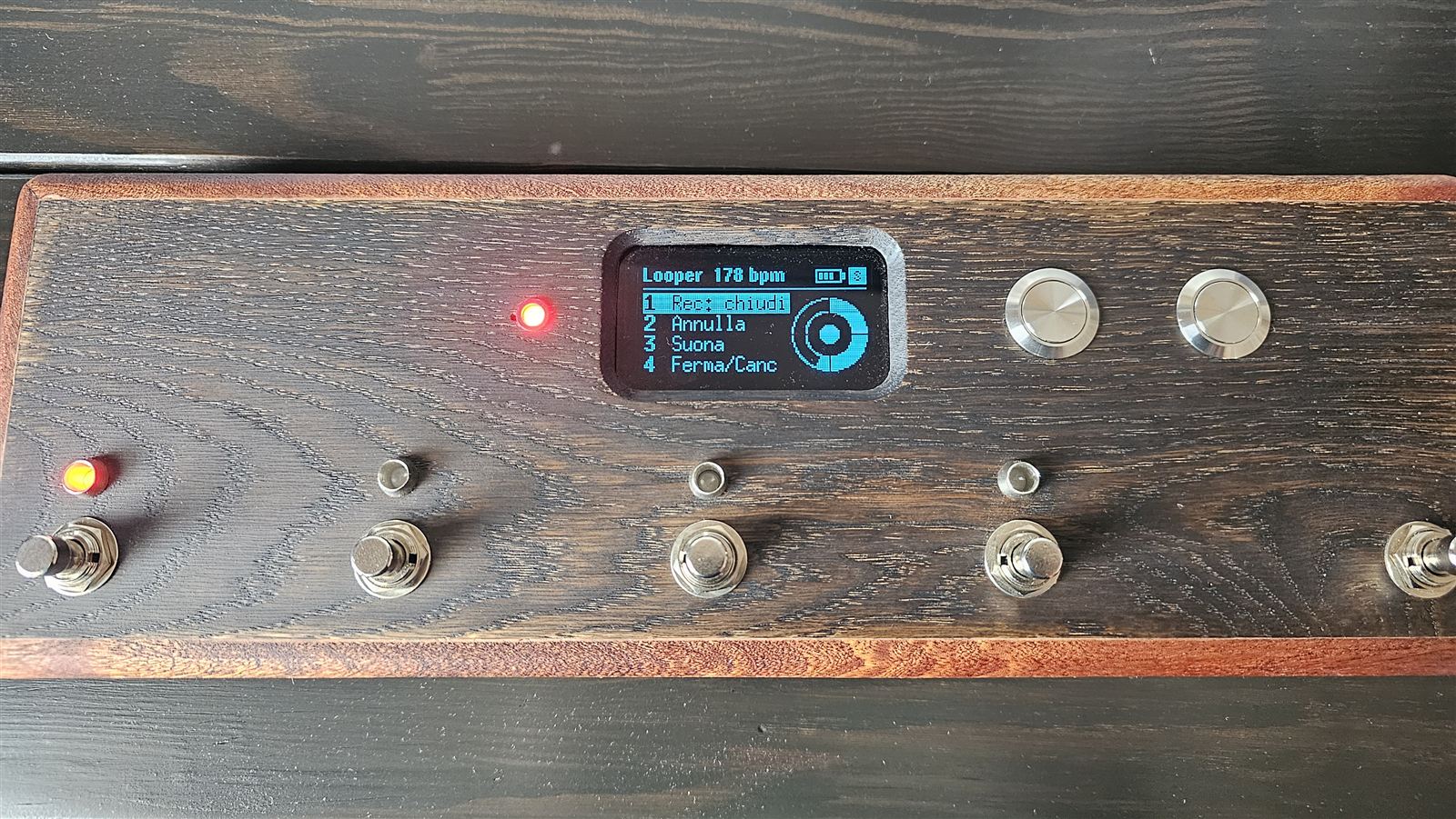 Il looper mentre registra: riga 1 in negativo, LED rosso su FS1, LED del tempo acceso, anello che si riempie